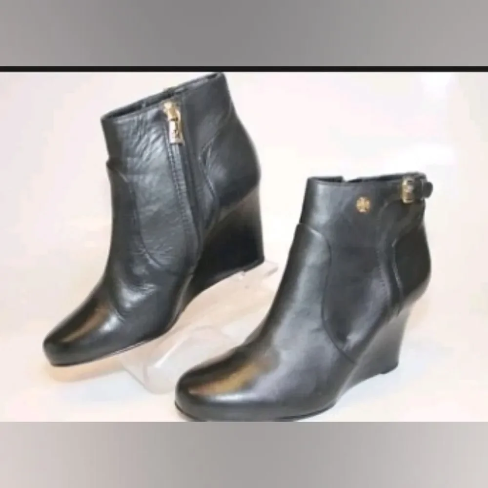 Tory Burch Milan Designer Black Leather Wedge Ankle Boots Booties 7.5